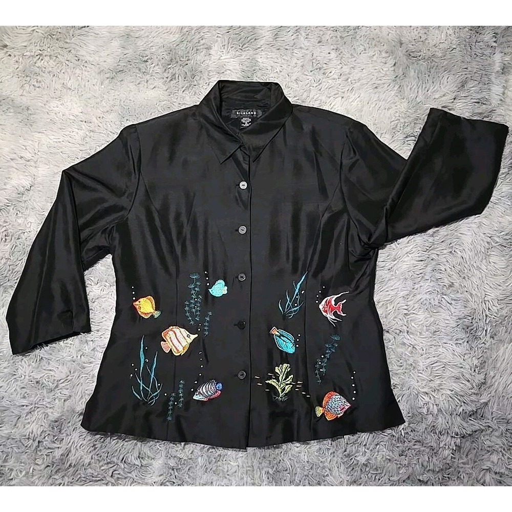 Silkland Lined Women's Jacket Size 16 100% Silk Embroidered Art To Wear EUC
